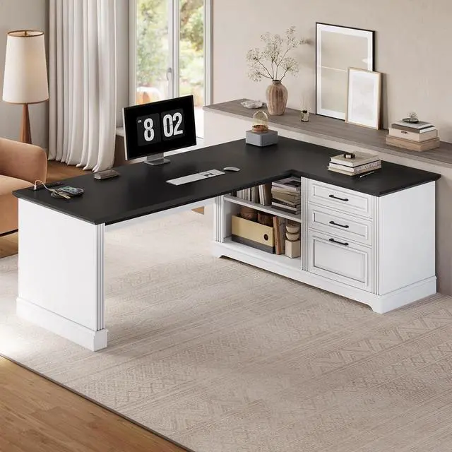 Alt view image 6 of 7 - Farmhouse 61" Executive L Shaped Desk, Home Office Desk with File Drawers, Computer Desk with Power Outlets and Storage Shelves for Home Office, White