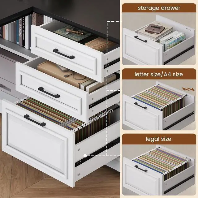Alt view image 4 of 7 - Farmhouse 61" Executive L Shaped Desk, Home Office Desk with File Drawers, Computer Desk with Power Outlets and Storage Shelves for Home Office, White