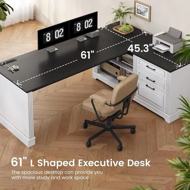 Alt view image 7 of 7 - Farmhouse 61" Executive L Shaped Desk, Home Office Desk with File Drawers, Computer Desk with Power Outlets and Storage Shelves for Home Office, White