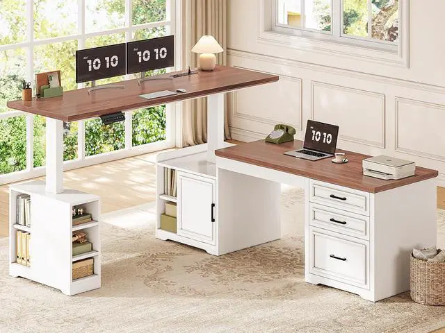 Main image of Farmhouse L Shaped Electric Standing Desk, 63" x 67" Height Adjustable Home Office Executive Desk with Drawers, Standing Computer Desks with Power Outlet for Home Office, White+Brown