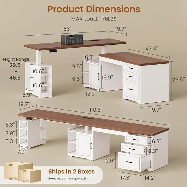 Alt view image 2 of 7 - Farmhouse L Shaped Electric Standing Desk, 63" x 67" Height Adjustable Home Office Executive Desk with Drawers, Standing Computer Desks with Power Outlet for Home Office, White+Brown