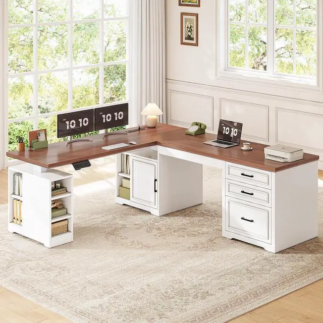 Alt view image 3 of 7 - Farmhouse L Shaped Electric Standing Desk, 63" x 67" Height Adjustable Home Office Executive Desk with Drawers, Standing Computer Desks with Power Outlet for Home Office, White+Brown