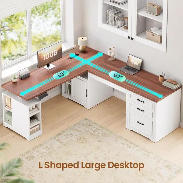 Alt view image 5 of 7 - Farmhouse L Shaped Electric Standing Desk, 63" x 67" Height Adjustable Home Office Executive Desk with Drawers, Standing Computer Desks with Power Outlet for Home Office, White+Brown