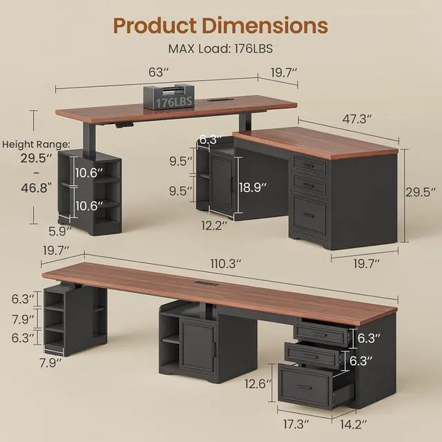 Alt view image 2 of 7 - Farmhouse L Shaped Electric Standing Desk, 63" x 67" Height Adjustable Office Executive Desk with Drawers and Shelves, Standing Computer Desks with Power Outlet for Home Office, Black+Brown