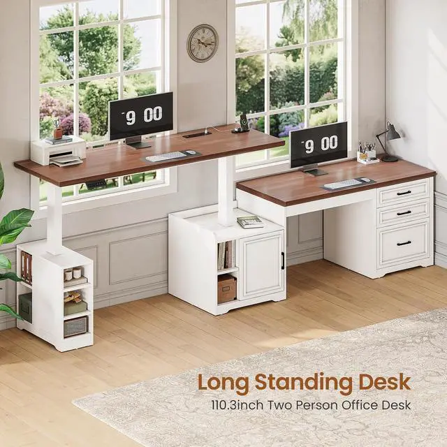 Alt view image 4 of 7 - Farmhouse L Shaped Electric Standing Desk, 63" x 67" Height Adjustable Home Office Executive Desk with Drawers, Standing Computer Desks with Power Outlet for Home Office, White+Brown