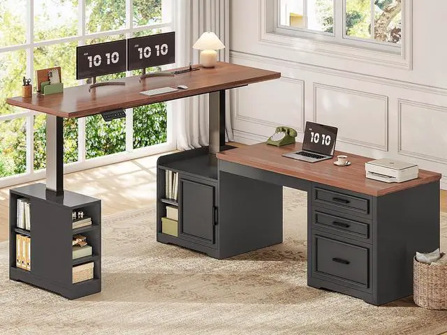 Main image of Farmhouse L Shaped Electric Standing Desk, 63" x 67" Height Adjustable Office Executive Desk with Drawers and Shelves, Standing Computer Desks with Power Outlet for Home Office, Black+Brown