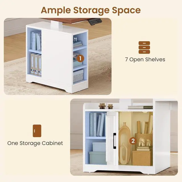 Alt view image 7 of 7 - Farmhouse L Shaped Electric Standing Desk, 63" x 67" Height Adjustable Home Office Executive Desk with Drawers, Standing Computer Desks with Power Outlet for Home Office, White+Brown
