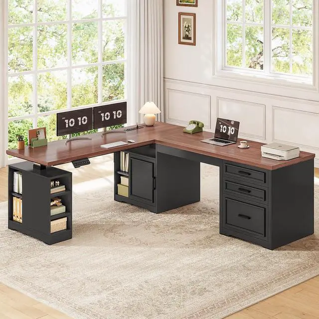 Alt view image 3 of 7 - Farmhouse L Shaped Electric Standing Desk, 63" x 67" Height Adjustable Office Executive Desk with Drawers and Shelves, Standing Computer Desks with Power Outlet for Home Office, Black+Brown