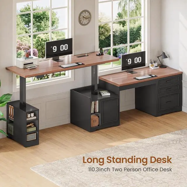 Alt view image 4 of 7 - Farmhouse L Shaped Electric Standing Desk, 63" x 67" Height Adjustable Office Executive Desk with Drawers and Shelves, Standing Computer Desks with Power Outlet for Home Office, Black+Brown