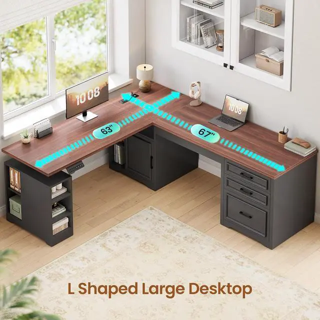 Alt view image 5 of 7 - Farmhouse L Shaped Electric Standing Desk, 63" x 67" Height Adjustable Office Executive Desk with Drawers and Shelves, Standing Computer Desks with Power Outlet for Home Office, Black+Brown