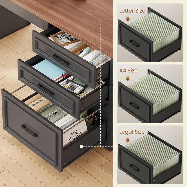 Alt view image 6 of 7 - Farmhouse L Shaped Electric Standing Desk, 63" x 67" Height Adjustable Office Executive Desk with Drawers and Shelves, Standing Computer Desks with Power Outlet for Home Office, Black+Brown