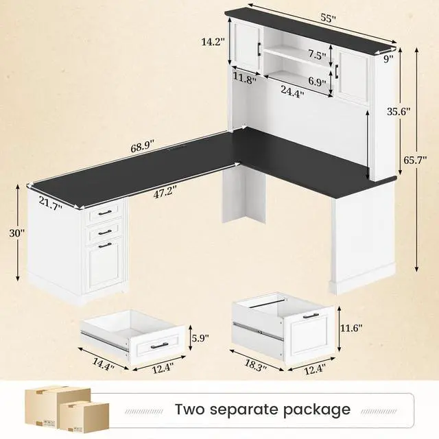 Alt view image 2 of 7 - Farmhouse L Shaped Desk with Hutch and 3 Drawers, 68.9" Executive Office Desk with File Drawer and Power Outlet, Corner Computer Desk with Storage Shelves for Home Office, White