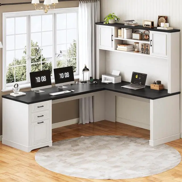 Alt view image 7 of 7 - Farmhouse L Shaped Desk with Hutch and 3 Drawers, 68.9" Executive Office Desk with File Drawer and Power Outlet, Corner Computer Desk with Storage Shelves for Home Office, White