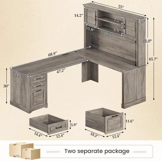 Alt view image 2 of 7 - Farmhouse L Shaped Desk with Hutch and 3 Drawers, 68.9" Executive Office Desk with File Drawer and Power Outlet, Corner Computer Desk with Storage Shelves for Home Office (Grey)