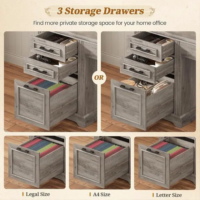 Alt view image 3 of 7 - Farmhouse L Shaped Desk with Hutch and 3 Drawers, 68.9" Executive Office Desk with File Drawer and Power Outlet, Corner Computer Desk with Storage Shelves for Home Office (Grey)