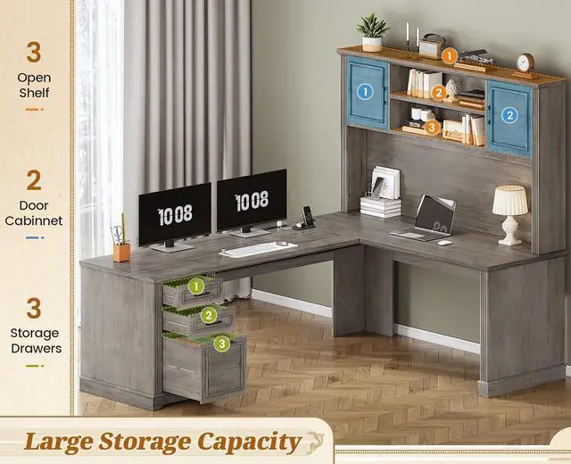 Alt view image 5 of 7 - Farmhouse L Shaped Desk with Hutch and 3 Drawers, 68.9" Executive Office Desk with File Drawer and Power Outlet, Corner Computer Desk with Storage Shelves for Home Office (Grey)