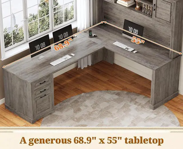 Alt view image 6 of 7 - Farmhouse L Shaped Desk with Hutch and 3 Drawers, 68.9" Executive Office Desk with File Drawer and Power Outlet, Corner Computer Desk with Storage Shelves for Home Office (Grey)