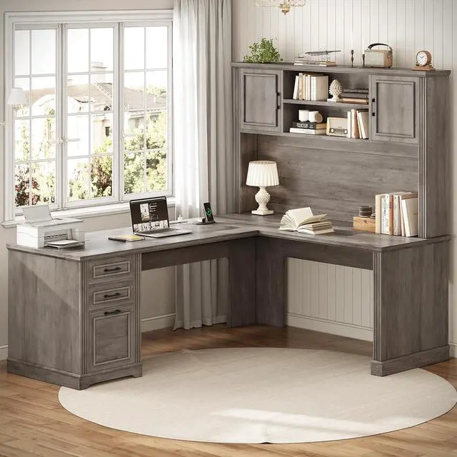 Alt view image 7 of 7 - Farmhouse L Shaped Desk with Hutch and 3 Drawers, 68.9" Executive Office Desk with File Drawer and Power Outlet, Corner Computer Desk with Storage Shelves for Home Office (Grey)