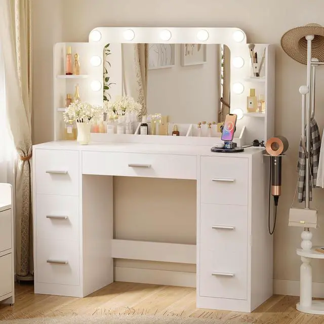 Main image of Vanity Desk with Hollywood Style Mirror with LED Lights, Makeup Table Vanity with 2 AC Outlets and1 USB1 Type-C Port, Adjustable Lighting, Modern Ample Storage Drawers Dressing Table (White)
