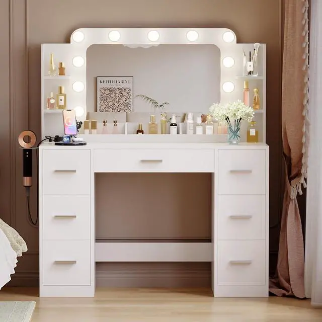 Alt view image 2 of 7 - Vanity Desk with Hollywood Style Mirror with LED Lights, Makeup Table Vanity with 2 AC Outlets and1 USB1 Type-C Port, Adjustable Lighting, Modern Ample Storage Drawers Dressing Table (White)