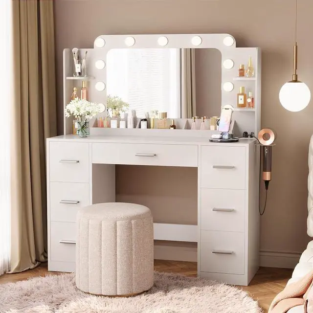 Alt view image 6 of 7 - Vanity Desk with Hollywood Style Mirror with LED Lights, Makeup Table Vanity with 2 AC Outlets and1 USB1 Type-C Port, Adjustable Lighting, Modern Ample Storage Drawers Dressing Table (White)
