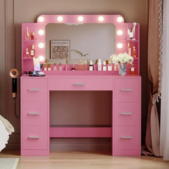 Alt view image 2 of 7 - Vanity Desk with Hollywood Style Mirror with LED Lights, Makeup Table Vanity with 2 AC Outlets and1 USB1 Type-C Port, Adjustable Lighting, Modern Ample Storage Drawers Dressing Table (Pink)