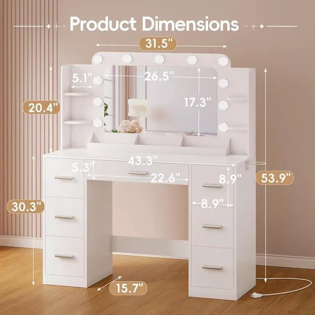 Alt view image 7 of 7 - Vanity Desk with Hollywood Style Mirror with LED Lights, Makeup Table Vanity with 2 AC Outlets and1 USB1 Type-C Port, Adjustable Lighting, Modern Ample Storage Drawers Dressing Table (White)