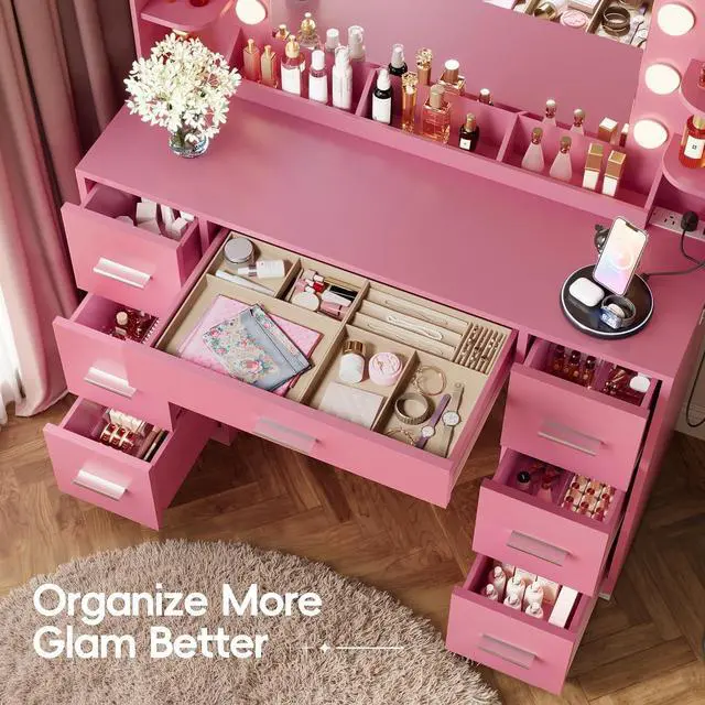 Alt view image 3 of 7 - Vanity Desk with Hollywood Style Mirror with LED Lights, Makeup Table Vanity with 2 AC Outlets and1 USB1 Type-C Port, Adjustable Lighting, Modern Ample Storage Drawers Dressing Table (Pink)