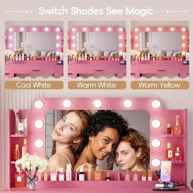 Alt view image 4 of 7 - Vanity Desk with Hollywood Style Mirror with LED Lights, Makeup Table Vanity with 2 AC Outlets and1 USB1 Type-C Port, Adjustable Lighting, Modern Ample Storage Drawers Dressing Table (Pink)