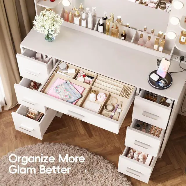 Alt view image 3 of 7 - Vanity Desk with Hollywood Style Mirror with LED Lights, Makeup Table Vanity with 2 AC Outlets and1 USB1 Type-C Port, Adjustable Lighting, Modern Ample Storage Drawers Dressing Table (White)