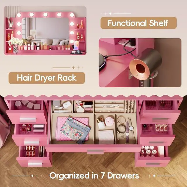 Alt view image 5 of 7 - Vanity Desk with Hollywood Style Mirror with LED Lights, Makeup Table Vanity with 2 AC Outlets and1 USB1 Type-C Port, Adjustable Lighting, Modern Ample Storage Drawers Dressing Table (Pink)