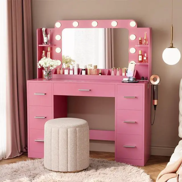 Alt view image 6 of 7 - Vanity Desk with Hollywood Style Mirror with LED Lights, Makeup Table Vanity with 2 AC Outlets and1 USB1 Type-C Port, Adjustable Lighting, Modern Ample Storage Drawers Dressing Table (Pink)