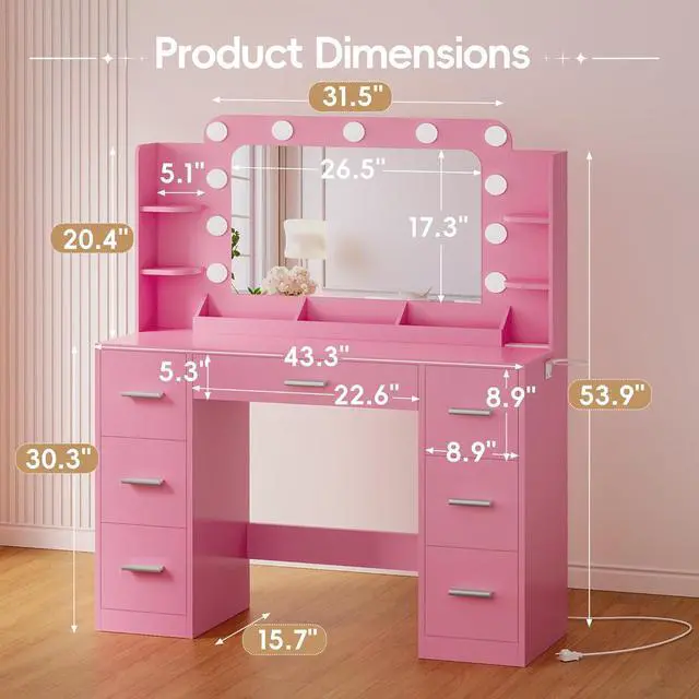 Alt view image 7 of 7 - Vanity Desk with Hollywood Style Mirror with LED Lights, Makeup Table Vanity with 2 AC Outlets and1 USB1 Type-C Port, Adjustable Lighting, Modern Ample Storage Drawers Dressing Table (Pink)