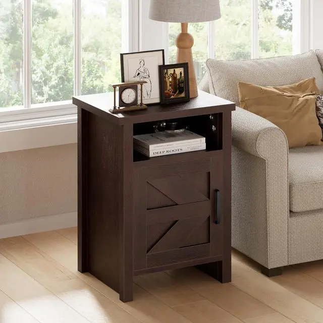 Alt view image 2 of 7 - Farmhouse Nightstand, Modern Bedside Table with Barn Door and Shelf, Rustic End Table Side Table for Bedroom,Living Room (2, Classic Brown)