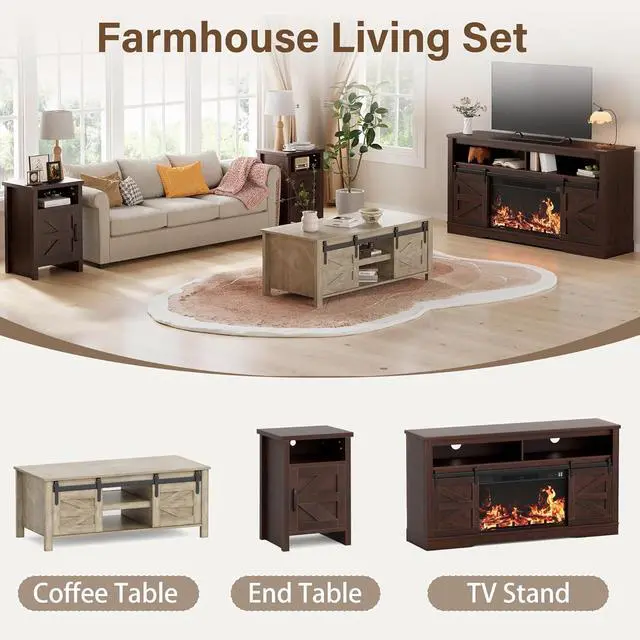 Alt view image 3 of 7 - Farmhouse Nightstand, Modern Bedside Table with Barn Door and Shelf, Rustic End Table Side Table for Bedroom,Living Room (2, Classic Brown)