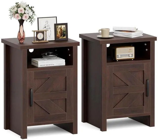 Main image of Farmhouse Nightstand, Modern Bedside Table with Barn Door and Shelf, Rustic End Table Side Table for Bedroom,Living Room (2, Classic Brown)