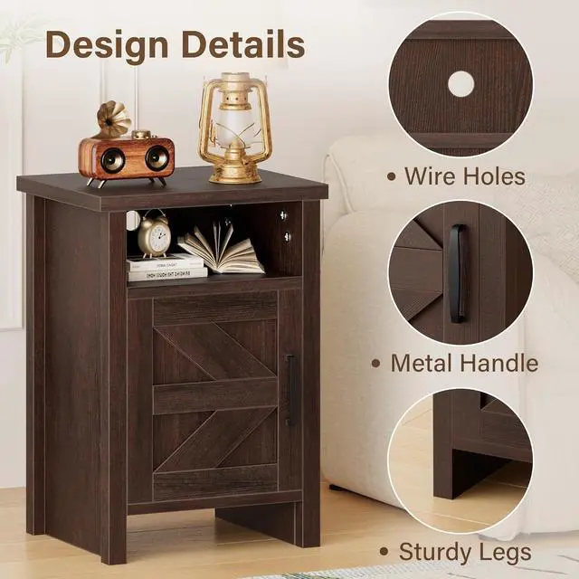 Alt view image 5 of 7 - Farmhouse Nightstand, Modern Bedside Table with Barn Door and Shelf, Rustic End Table Side Table for Bedroom,Living Room (2, Classic Brown)