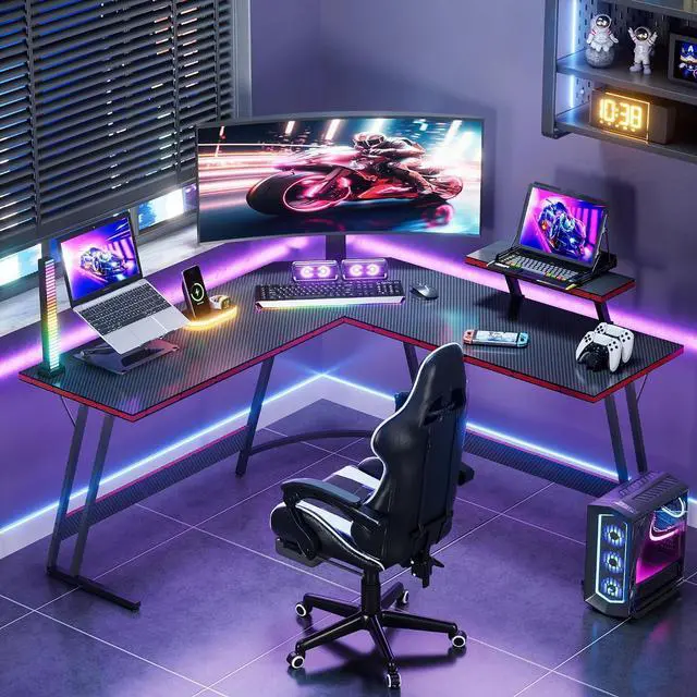 Alt view image 2 of 7 - L Shaped Gaming Desk Computer Corner Desk PC Gaming Desk Table with Large Monitor Riser Stand for Home Office Sturdy Writing Workstation (Black, 51 Inch)