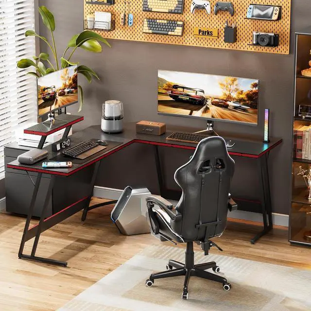 Alt view image 4 of 7 - L Shaped Gaming Desk Computer Corner Desk PC Gaming Desk Table with Large Monitor Riser Stand for Home Office Sturdy Writing Workstation (Black, 51 Inch)