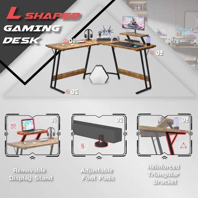 Alt view image 7 of 7 - L Shaped Gaming Desk Computer Corner Desk PC Gaming Desk Table with Large Monitor Riser Stand for Home Office Sturdy Writing Workstation (Classical Brown, 51 Inch)