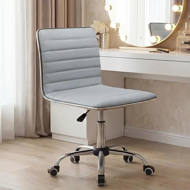 Main image of Vanity Office Desk Chair with Wheels, Armless Small Cute Leather Makeup Computer Task Chair Adjustable Height 360° Swivel (Light Grey)