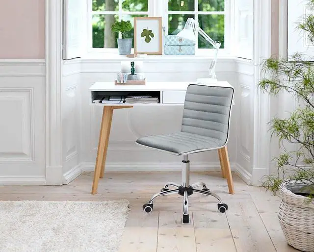 Alt view image 6 of 7 - Vanity Office Desk Chair with Wheels, Armless Small Cute Leather Makeup Computer Task Chair Adjustable Height 360° Swivel (Light Grey)