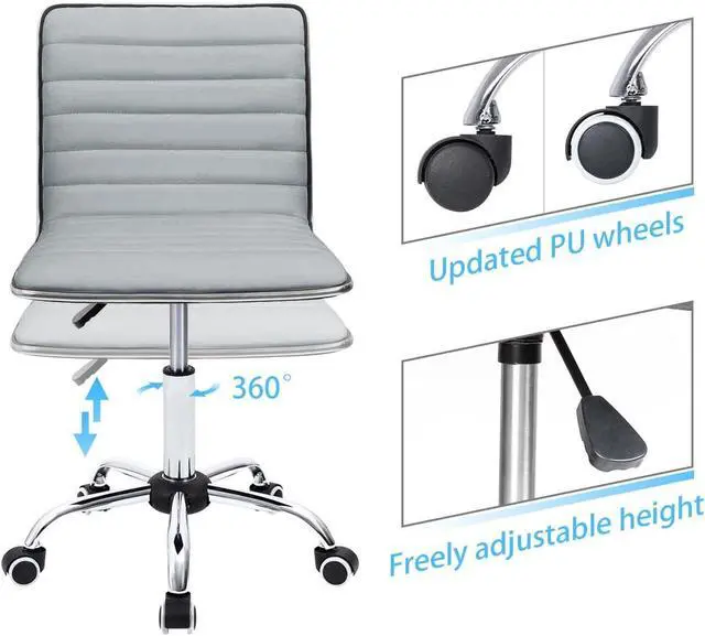 Alt view image 5 of 7 - Vanity Office Desk Chair with Wheels, Armless Small Cute Leather Makeup Computer Task Chair Adjustable Height 360° Swivel (Light Grey)