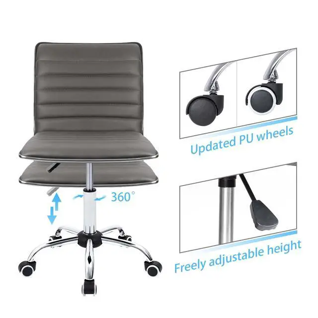 Alt view image 3 of 7 - Vanity Office Desk Chair with Wheels, Armless Small Cute Leather Makeup Computer Task Chair Adjustable Height 360° Swivel (Grey)