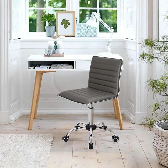 Alt view image 5 of 7 - Vanity Office Desk Chair with Wheels, Armless Small Cute Leather Makeup Computer Task Chair Adjustable Height 360° Swivel (Grey)