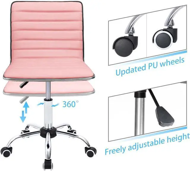 Alt view image 4 of 7 - Vanity Office Desk Chair with Wheels, Armless Small Cute Leather Makeup Computer Task Chair Adjustable Height 360° Swivel (Pink)