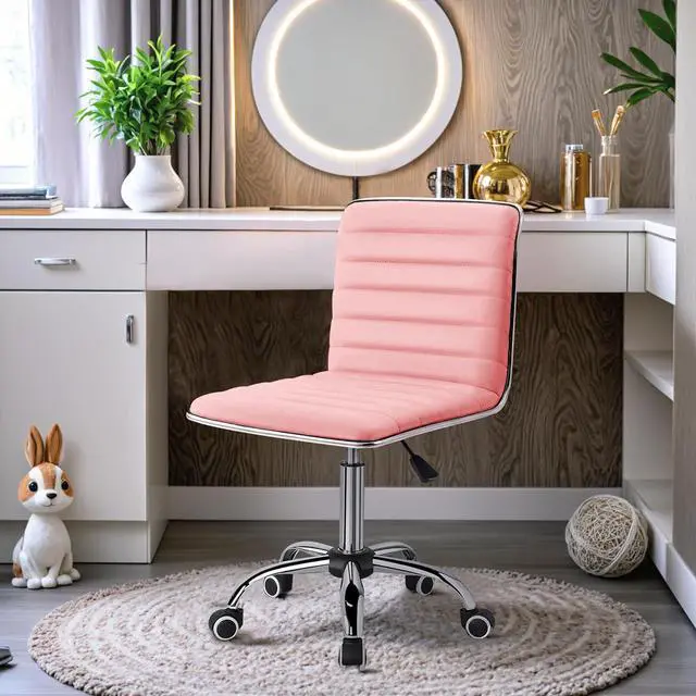 Alt view image 5 of 7 - Vanity Office Desk Chair with Wheels, Armless Small Cute Leather Makeup Computer Task Chair Adjustable Height 360° Swivel (Pink)