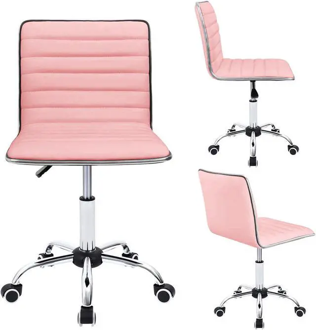 Alt view image 6 of 7 - Vanity Office Desk Chair with Wheels, Armless Small Cute Leather Makeup Computer Task Chair Adjustable Height 360° Swivel (Pink)