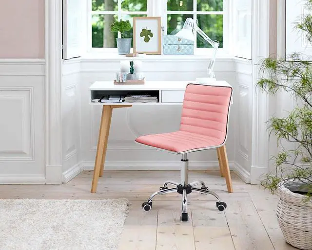 Alt view image 7 of 7 - Vanity Office Desk Chair with Wheels, Armless Small Cute Leather Makeup Computer Task Chair Adjustable Height 360° Swivel (Pink)