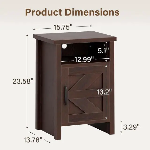 Alt view image 7 of 7 - Farmhouse Nightstand, Modern Bedside Table with Barn Door and Shelf, Rustic End Table Side Table for Bedroom,Living Room (2, Classic Brown)
